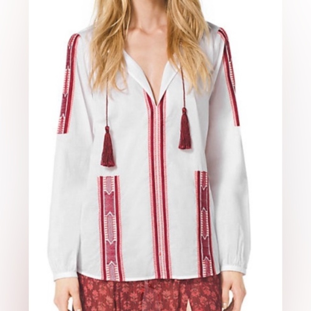 NWT Michael Kors Plus embroidered voile cotton peasant tunic tassel blouse 3x